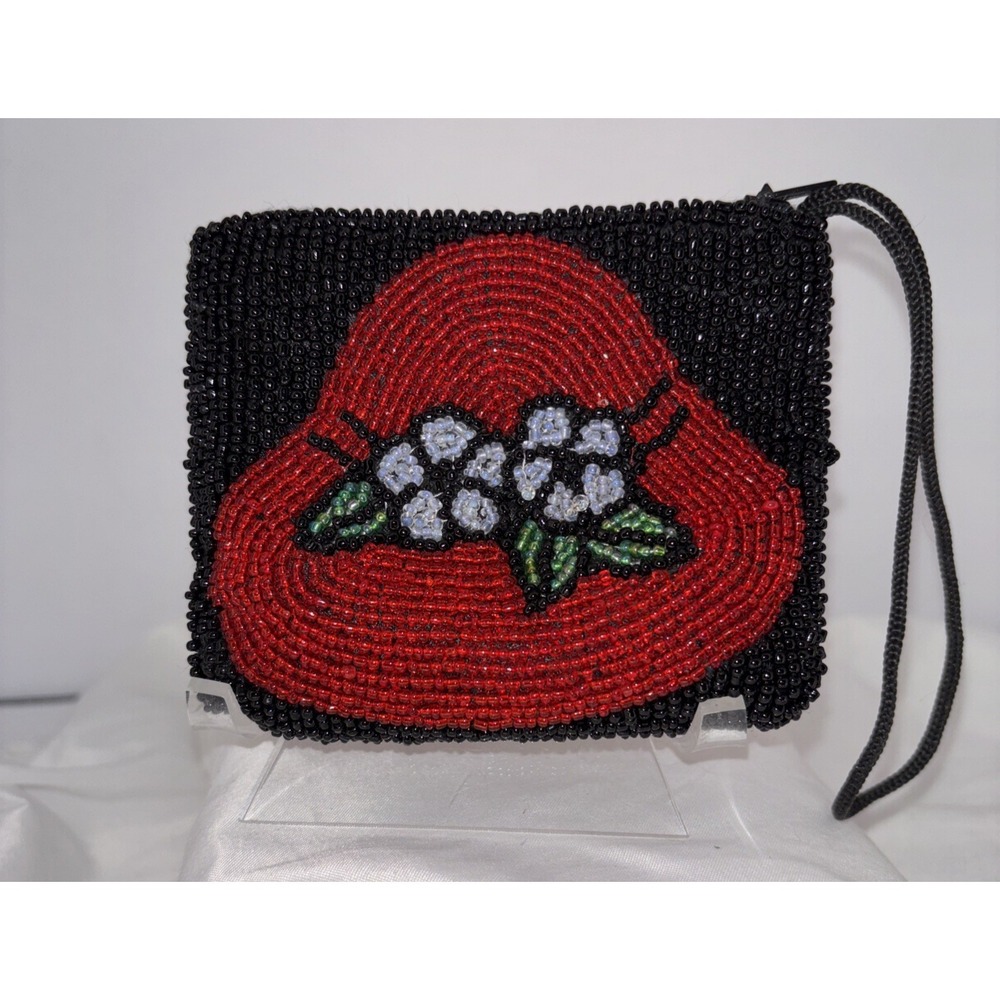 Vintage Hand Beaded Red Hat Zip MINI Coin Purse Purple Flowers Wristlet